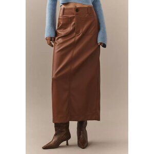 NWT Anthropologie MAEVE The Colette Maxi Skirt Faux Leather Pockets Brown L